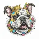 A realistic portrait of a bulldog wearing a crown made of cupcakes, surrounded by colorful music notes tattoo design idea