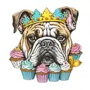 A realistic portrait of a bulldog wearing a crown made of cupcakes, surrounded by colorful music notes tattoo design idea