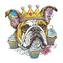 A realistic portrait of a bulldog wearing a crown made of cupcakes, surrounded by colorful music notes tattoo design idea