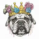 A realistic portrait of a bulldog wearing a crown made of cupcakes, surrounded by colorful music notes tattoo design idea