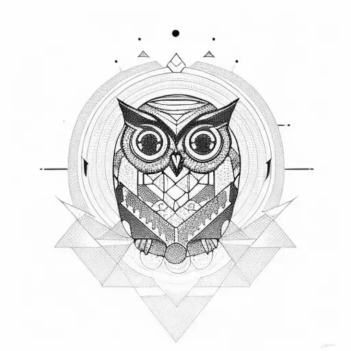 A geometric owl with a vibrant sunset as its background tattoo design idea