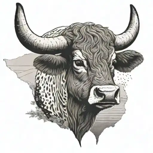 A majestic longhorn bull standing proudly in front of a Texas landscape tattoo design idea