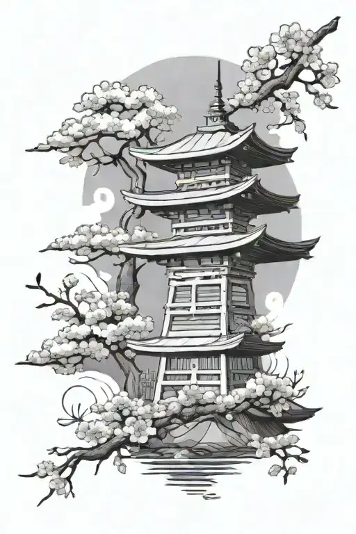cherry blossom and japan decor with torii mount fuji word in japanese tattoo design idea
