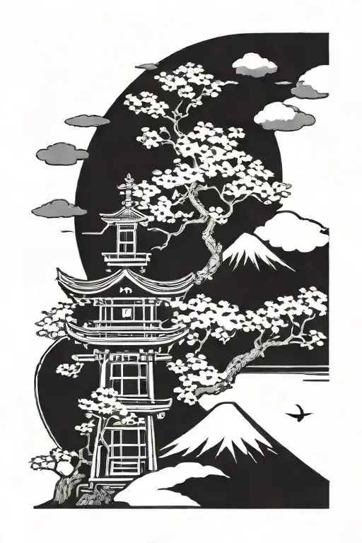 A blackwork tattoo featuring a sakura tree with a torii gate and Mount Fuji in the background tattoo design idea