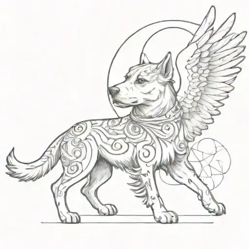 A tattoo design of a dog with a halo, representing a guardian angel, surrounded by symbols of the United States and Chile tattoo design idea