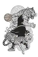 A tiger playing a basketball game with anime characters as the audience tattoo design idea