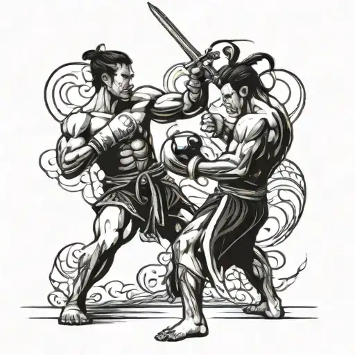 A fusion design of a Muay Thai fighter and a samurai warrior in a fierce battle stance tattoo design idea