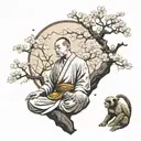 A shaolin Kung Fu monk meditating under a cherry blossom tree with monkeys playing around tattoo design idea
