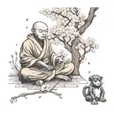 A shaolin Kung Fu monk meditating under a cherry blossom tree with monkeys playing around tattoo design idea