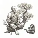 A shaolin Kung Fu monk meditating under a cherry blossom tree with monkeys playing around tattoo design idea