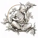 A shaolin Kung Fu monk meditating under a cherry blossom tree with monkeys playing around tattoo design idea