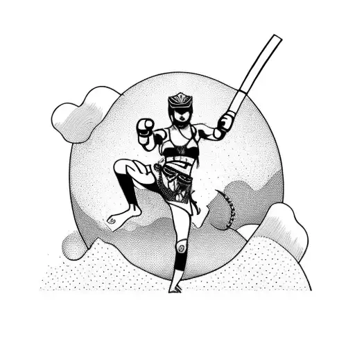 A powerful muay thai fighter riding a motorcycle through a beach sunset tattoo design idea