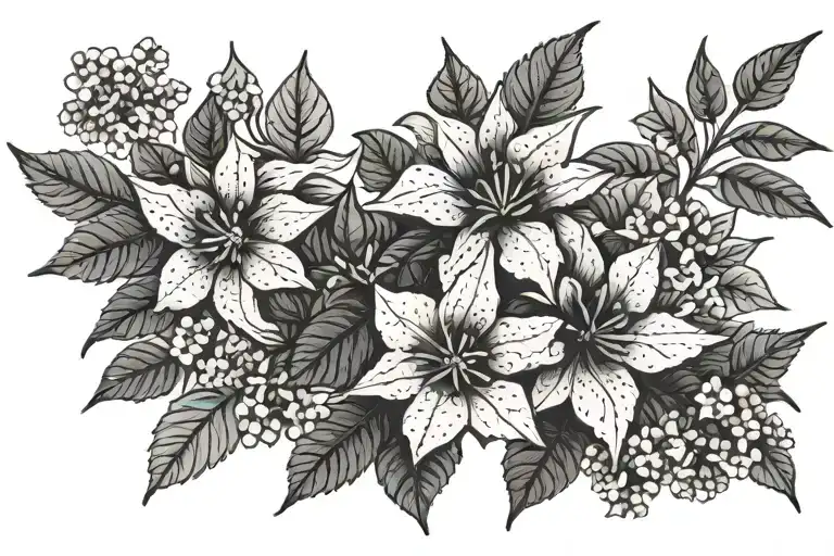 small and delicate flowers intertwined. poinsettia and forget me nots. tattoo design idea