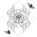 sacred geometry, labyrinth, 4 natural elements, letter S E, tree of life, bee hive tattoo design idea