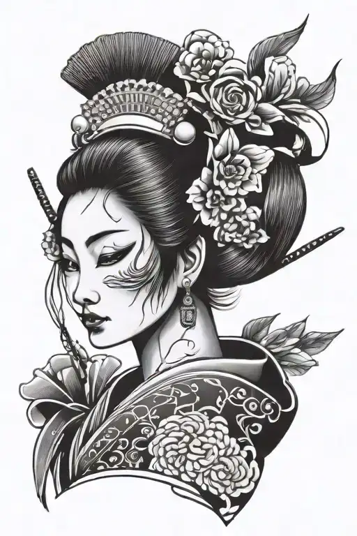 Geisha with kabuki mask tattoo design idea