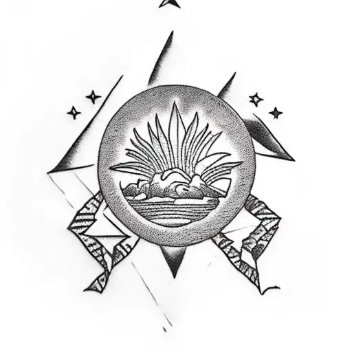 a crown of palm trees at the top, sand dunes in the center and a five-pointed star with a crescent mood below tattoo design idea