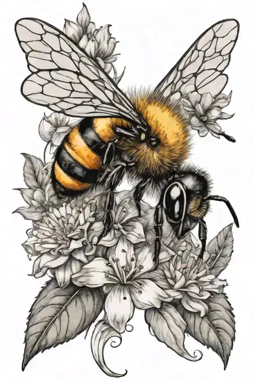 cute bee and flowers tattoo design idea