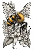 cute bee and flowers tattoo design idea