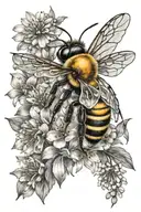 cute bee and flowers tattoo design idea
