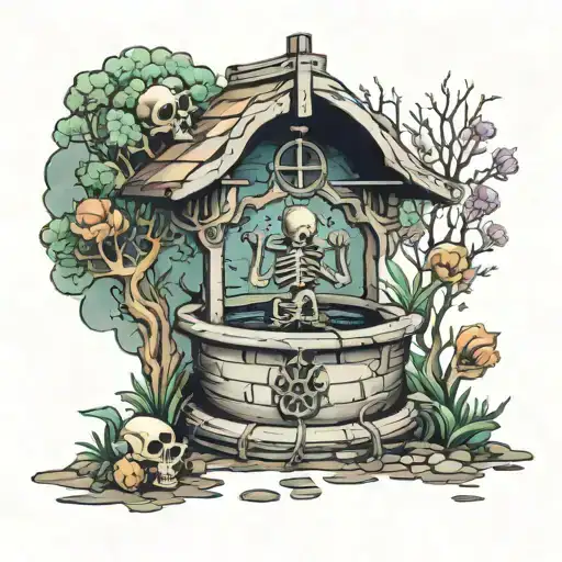wishing well with a skelton infront of it tattoo design idea