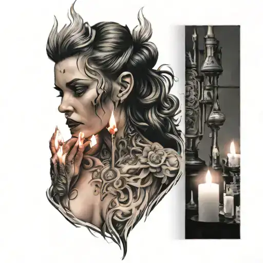 double ended candle burning woman tattoo design idea