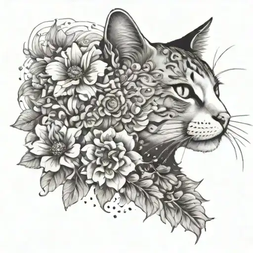 cat and flowers  tattoo design idea