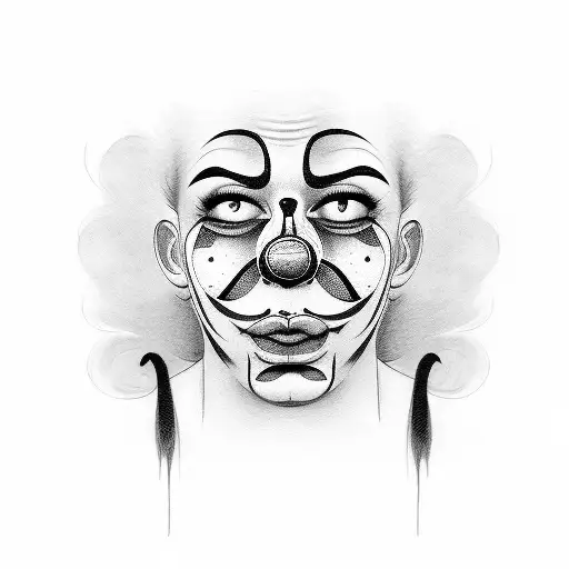 clown tattoo, one side of the face is filled with a joyful, other side showcases a melancholic expression with tears, ta tattoo design idea