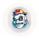 Generate a clown tattoo where one side of the face is smiling and the other side is crying, with a smooth transition bet tattoo design idea