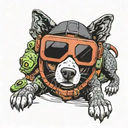 An intricate new-school design of a dog wearing virtual reality goggles, playing a video game with a turtle while surrounded by dolls and science symbols tattoo design idea