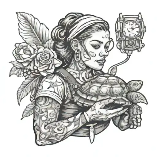 A realistic portrait of a caregiver holding a doll, with a video game controller in one hand and a turtle on their shoulder tattoo design idea