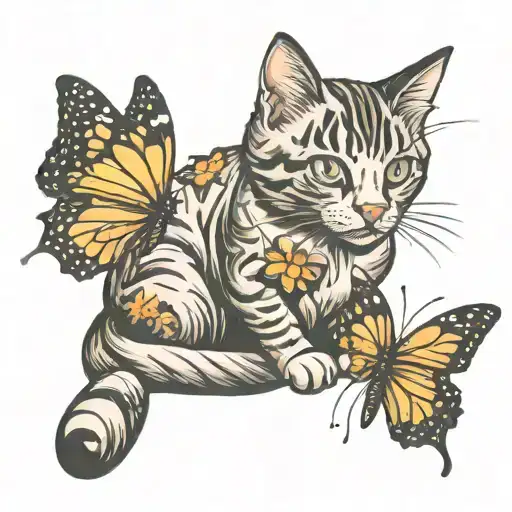 cat and butterfly  tattoo design idea