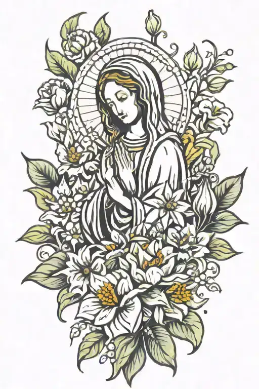Flowers wrapped June and January birth flowers virgin Mary   tattoo design idea
