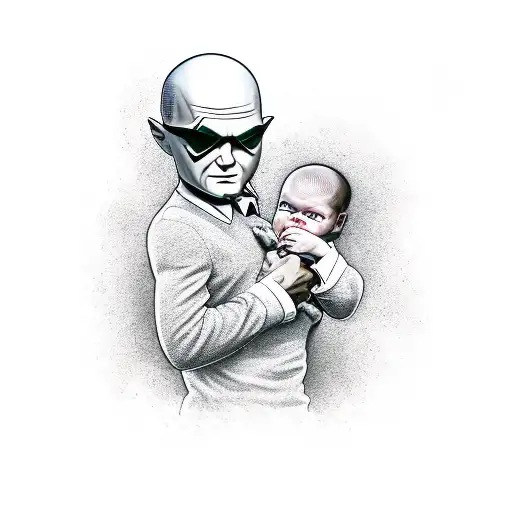 Agent 47 holding a baby in his left arm and his silverballer in his right hand tattoo design idea