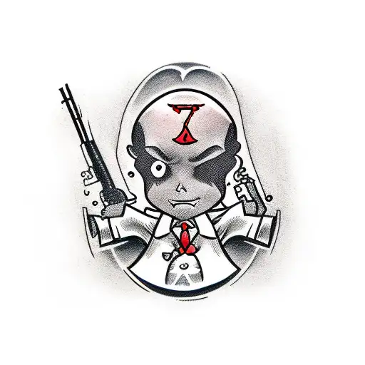 Agent 47 holding a baby in his left arm and his silverballer in his right hand tattoo design idea