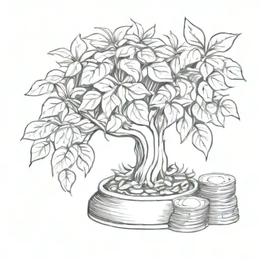 A sketch style tattoo of a money tree growing from a pile of casino chips, symbolizing luck and prosperity in the hustle tattoo design idea