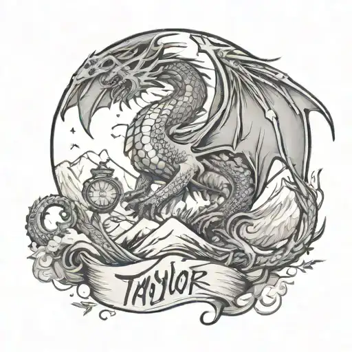 Taylor Swift lyrics incorporated into the design, Long Live song inspired, dragons, mountains tattoo design idea