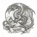Taylor Swift lyrics incorporated into the design, Long Live song inspired, dragons, mountains tattoo design idea