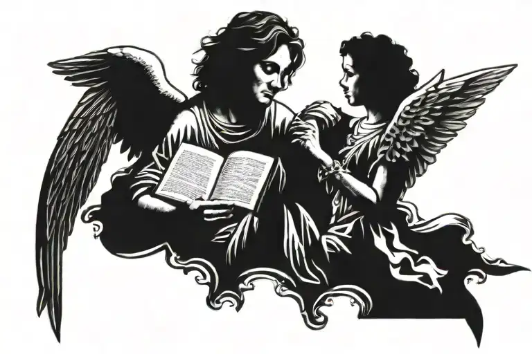 angels with clouds and bible verses tattoo design idea