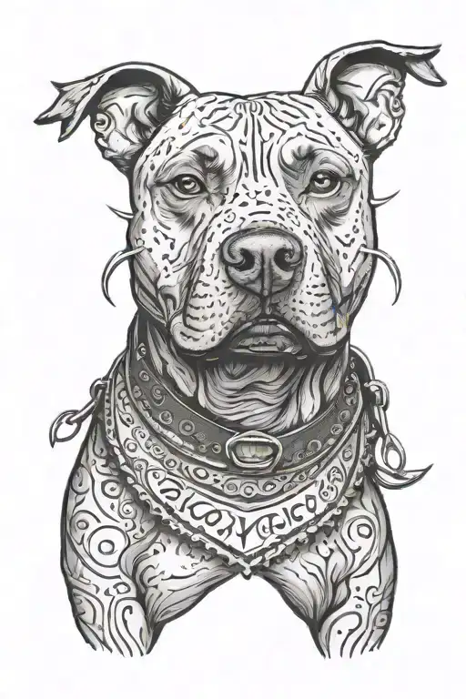 A menacing pitbull wearing a spiked collar and a bandana with the word 'loyalty' written on it tattoo design idea