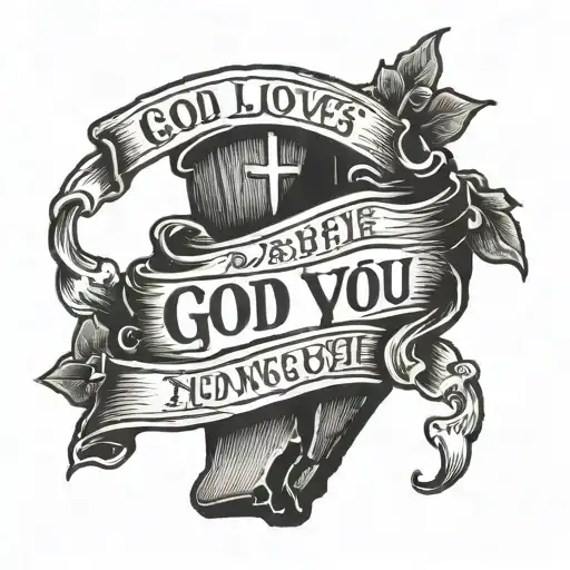 An Old tomb stone with the words "God loves you but not enough to save you" in a biblical script font tattoo design idea