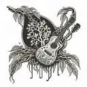 Nature with a weeping willow tree, river, vines, leaves, an acoustic guitar, music notes, and an electric guitar. Fretbo tattoo design idea