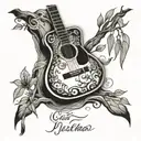 Nature with a weeping willow tree, river, vines, leaves, an acoustic guitar, music notes, and an electric guitar. Fretbo tattoo design idea