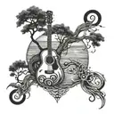 Nature with a weeping willow tree, river, vines, leaves, an acoustic guitar, music notes, and an electric guitar. Fretbo tattoo design idea