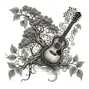 Nature with a weeping willow tree, river, vines, leaves, an acoustic guitar, music notes, and an electric guitar. Fretbo tattoo design idea