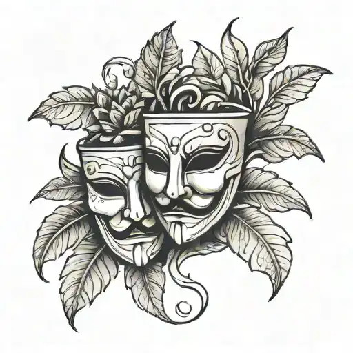 A pot with a plant with two theatre masks instead of leaves  tattoo design idea