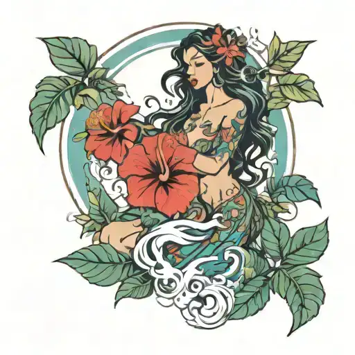 sensual mystic woman smile dance, long hair with leaves and hibiscus flowers around and ocean sun background tattoo styl tattoo design idea