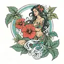 sensual mystic woman smile dance, long hair with leaves and hibiscus flowers around and ocean sun background tattoo styl tattoo design idea
