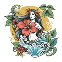 sensual mystic woman smile dance, long hair with leaves and hibiscus flowers around and ocean sun background tattoo styl tattoo design idea