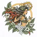 sensual mystic woman smile dance, long hair with leaves and hibiscus flowers around and ocean sun background tattoo styl tattoo design idea