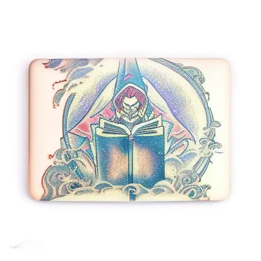A MacBook transformed into a magical book with fantasy elements emerging from its screen tattoo design idea
